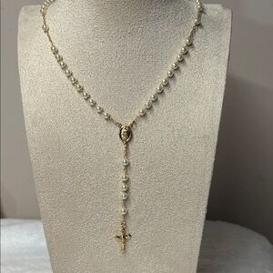 NEW Guadelupe Rosary on Faux Pearl Beaded 18k Yellow Gold Filled Necklace